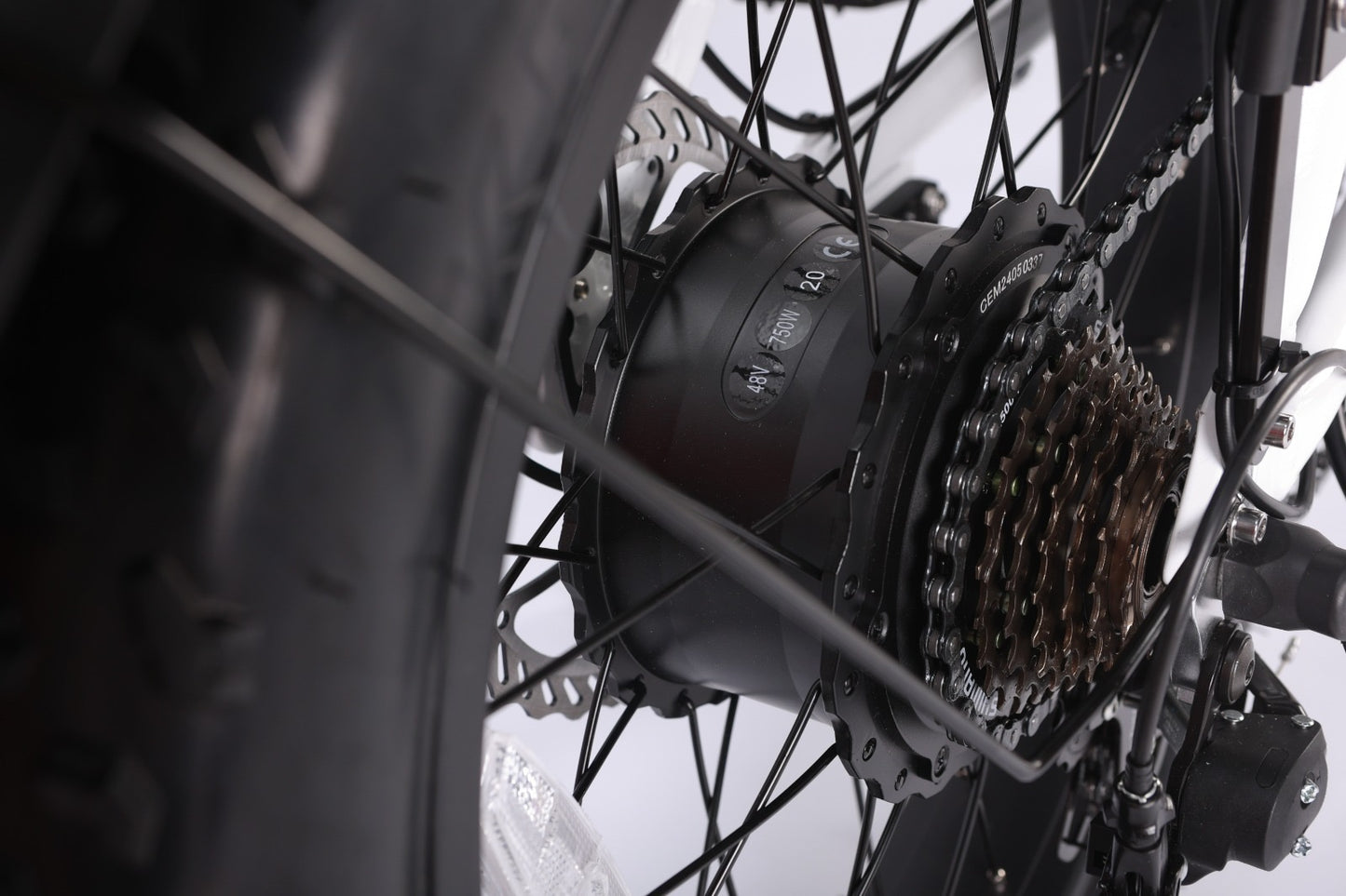 Deilyk Flex electric bike rear hub motor close-up, high-quality 750W system from trusted brand with visible serial number