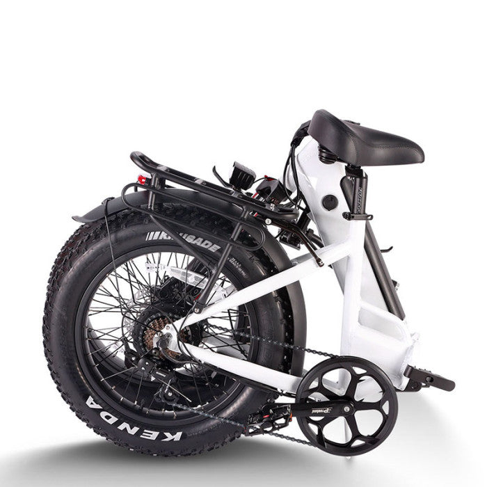 Deilyk Flex folding electric bike in white shown compactly folded, reinforced aluminum frame with thicker metal for durability
