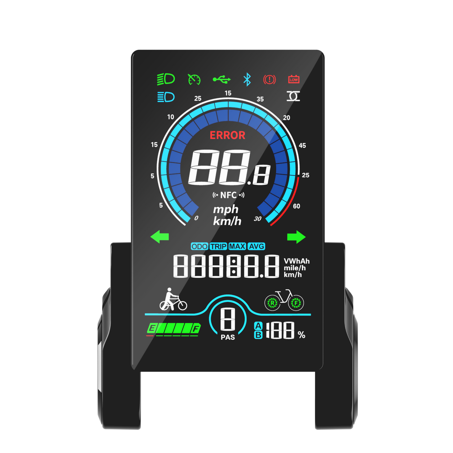 Deilyk Flex electric bike smart control LCD display showing speed, battery, assist levels, and full ride performance data