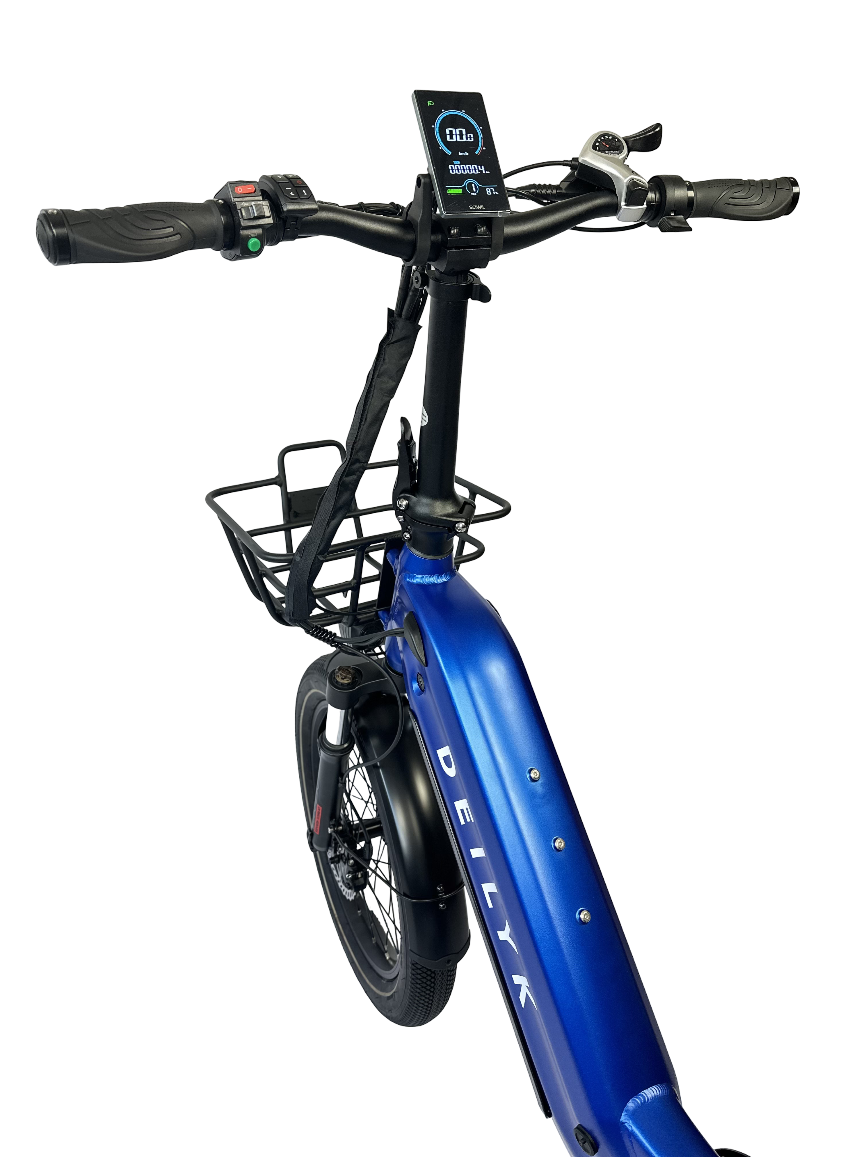 Deilyk Cargo blue electric bike smart control system with color LCD display showing ride settings and performance data