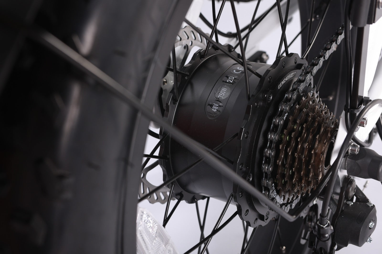 Deilyk Flex electric bike rear hub motor close-up, high-quality 750W system from trusted brand with visible serial number