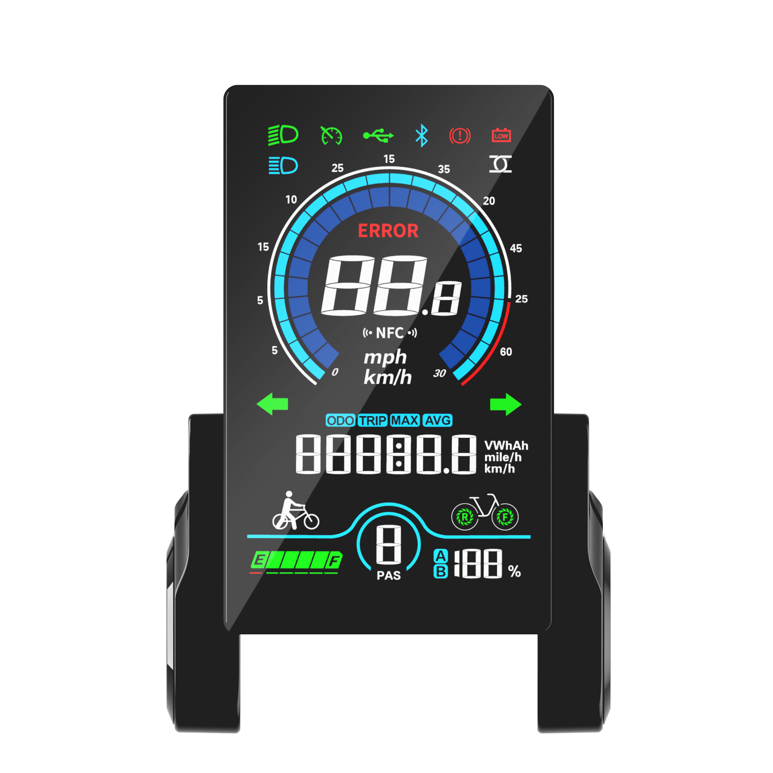 Deilyk Flex electric bike smart control LCD display showing speed, battery, assist levels, and full ride performance data