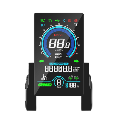 Deilyk Flex electric bike smart control LCD display showing speed, battery, assist levels, and full ride performance data