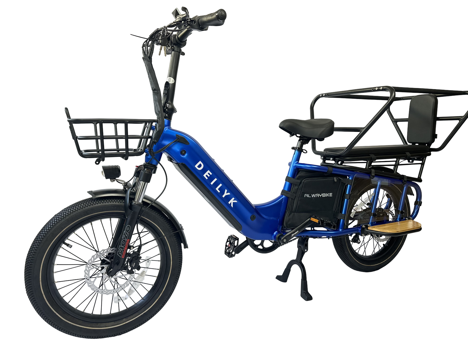 Deilyk Cargo blue electric bike with front basket, side bag for shopping, and large storage under the rear seat