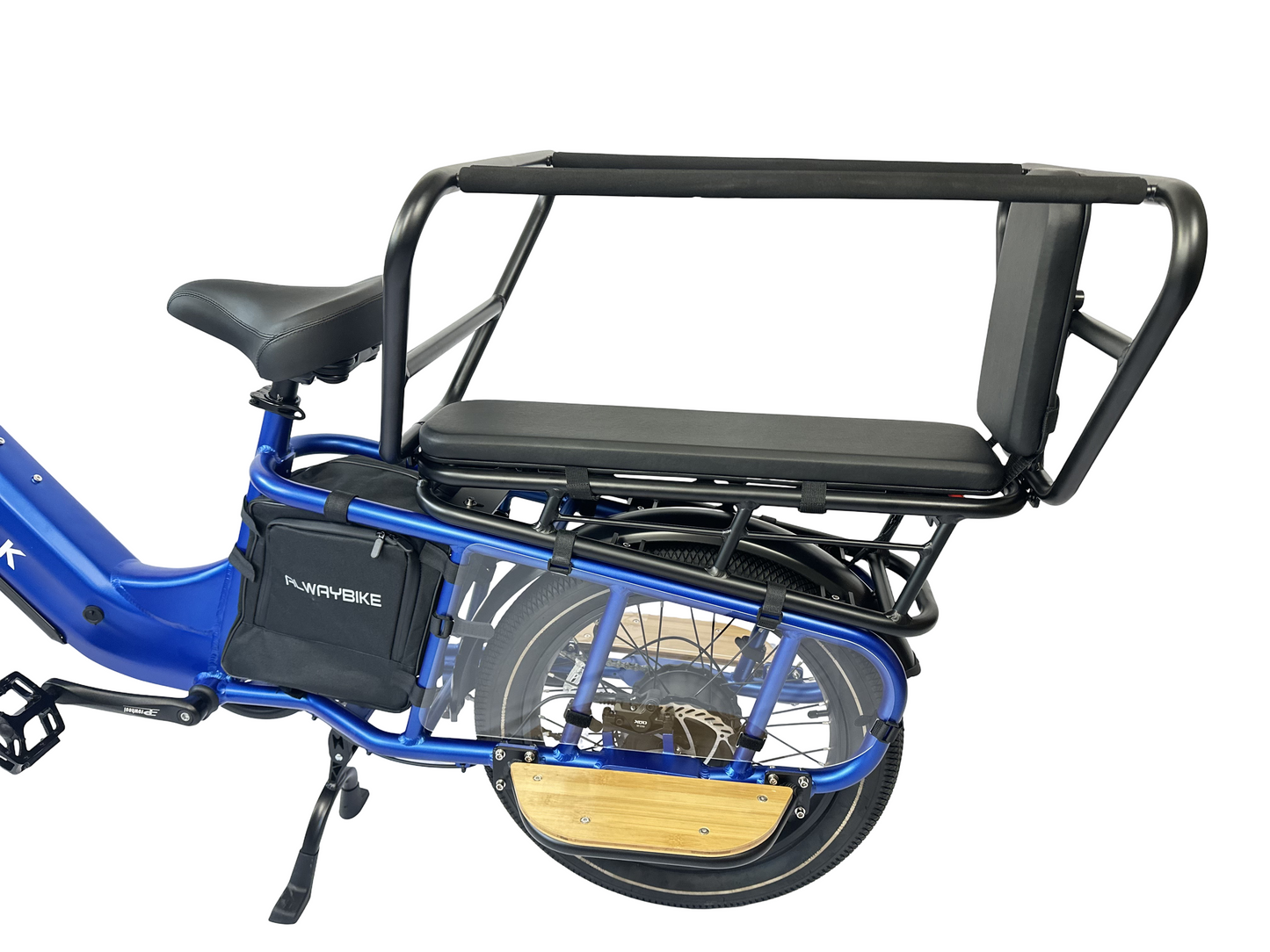 Deilyk Cargo blue electric bike child seat with wheel guard, footrest, and reinforced steel frame for safety