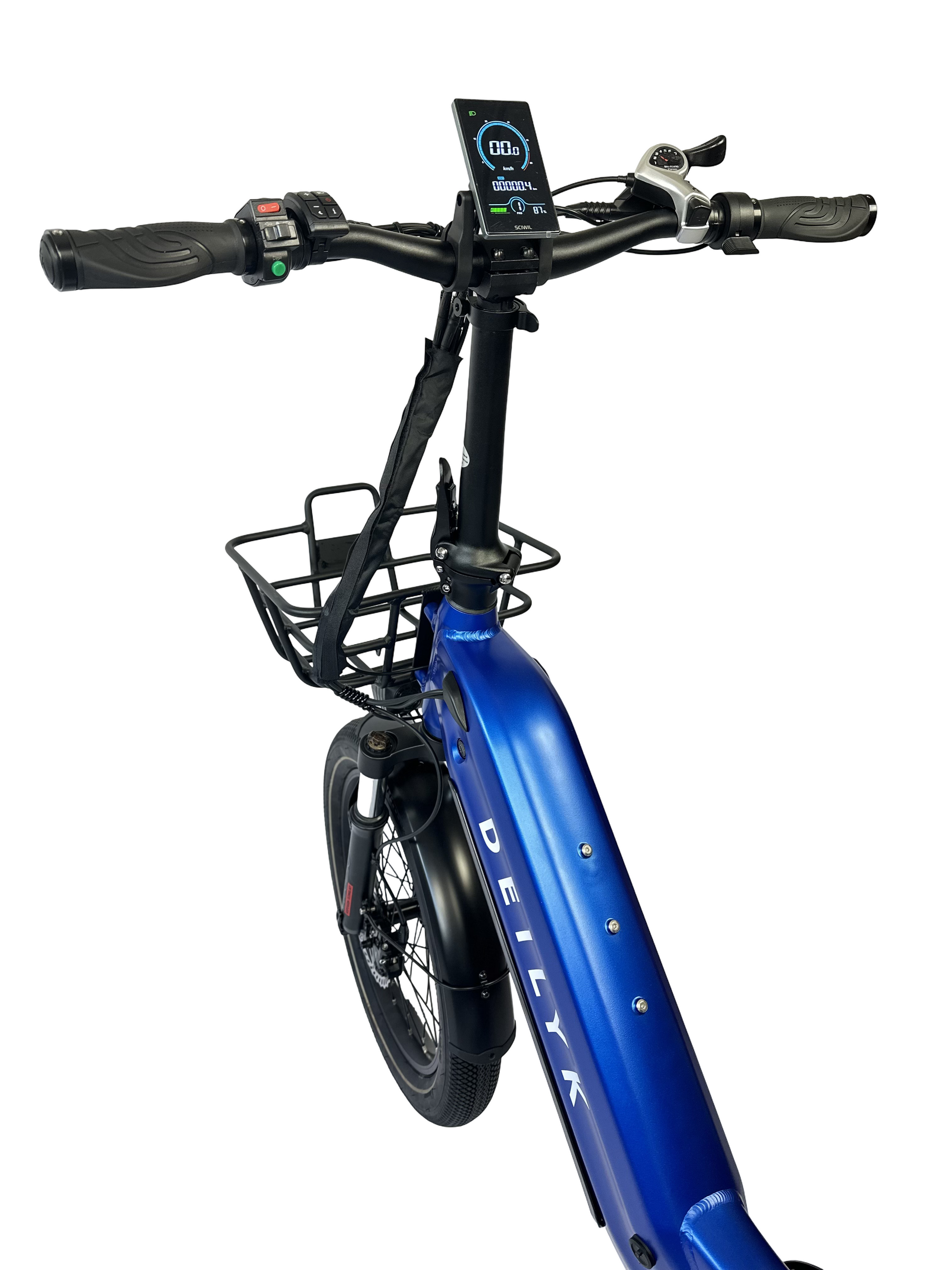 Deilyk Cargo blue electric bike smart control system with color LCD display showing ride settings and performance data
